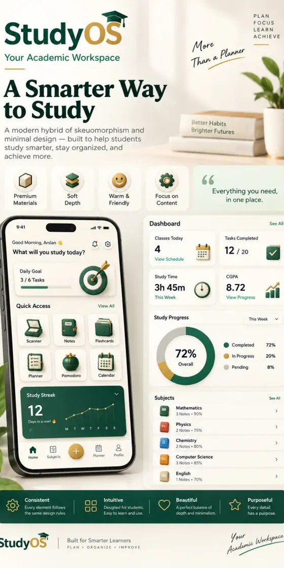 StudyOS — a student planner app: dashboard, study streak and subject progress.