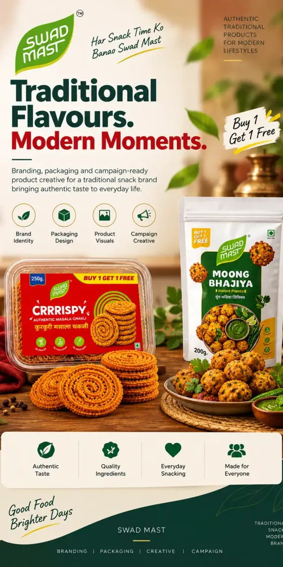 Swad Mast — brand identity, packaging and campaign creative for a traditional snack brand.