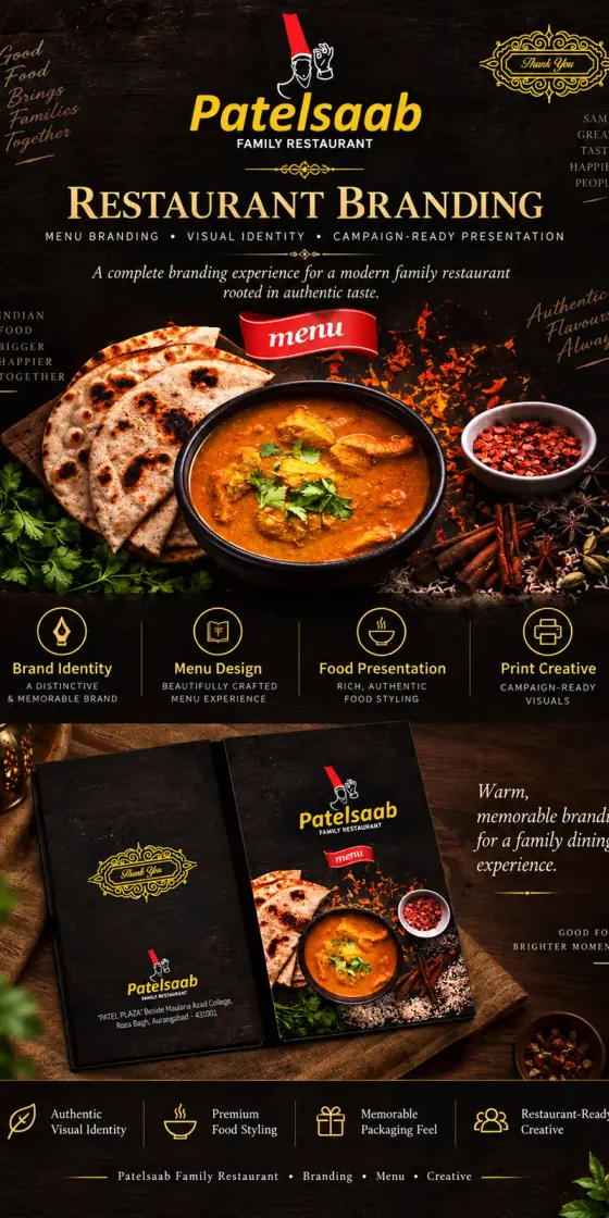 Patelsaab Family Restaurant — brand identity, menu design and print creative.