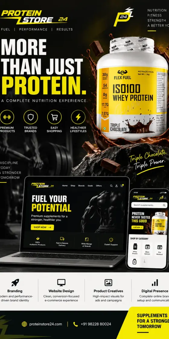 Protein Store 24 — branding, product creative and e-commerce design for a supplements retailer.